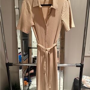 Chic Beige Ribbed Midi Dress with Tie Waist